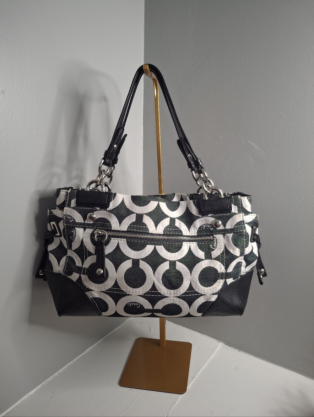Coach Peyton Op Art Signature Carryall Bag EUC Black & White Denim - Picture 2 of 8